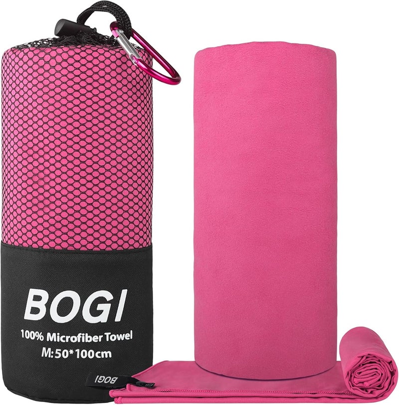 BOGI منشفة سفر رياضية من الألياف الدقيقة BOGI - منشفة سريعة الجفاف، منشفة تخييم خفيفة وناعمة من الألياف الدقيقة، منشفة سفر مدمجة وماصة للتخييم والجيم والشاطئ والحمام واليوجا والسباحة والتنزه (M:40''x20''-وردي ساخن) - Image 2