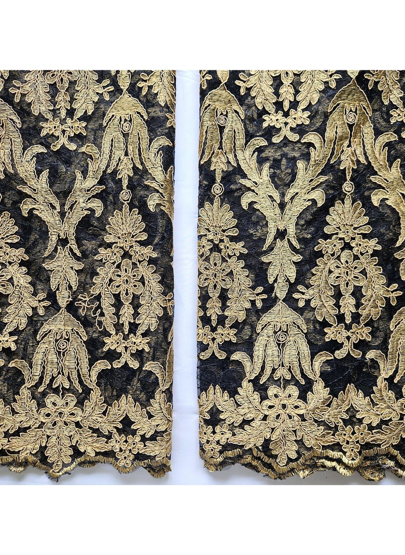 Generic 2 Yards + 1 Yard 53" Wide Black Net Fabric with Gold Embroidery, Embroidered Lace Fabric for Dresses, Tablecloths, Curtain Panels, DIY Crafts  - Image 1