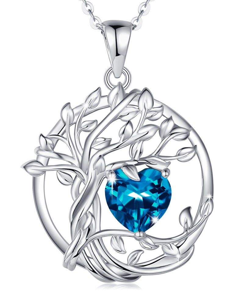 FANCIME Tree of life December Birthstone Necklace for Women Sterling Silver Tree Jewelry London Blue Topaz Pendant November Gemstone Anniversary Birthday Christmas Gifts for Wife Mom Her - Image 1