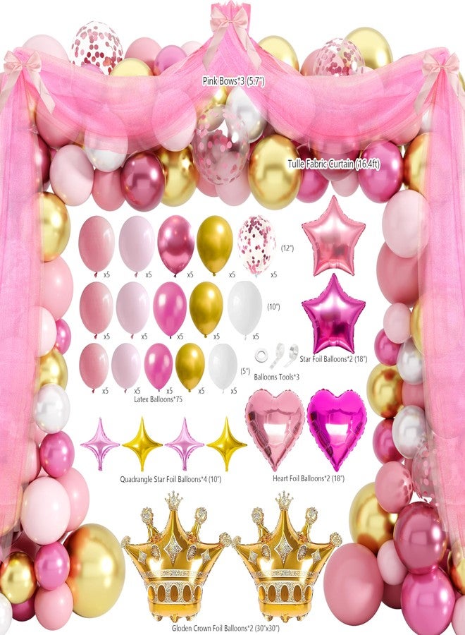 THAWAY Princess Birthday Party Decorations, Pastel Floral Castle Party Supplies with Pink & Gold Balloon Arch Tulle Curtain Backdrop Banner Sash Crown Tablecloth Cake Topper for Girls Princess Party Decor - Image 3