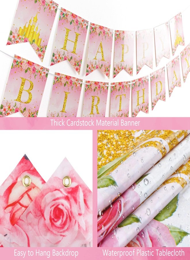 THAWAY Princess Birthday Party Decorations, Pastel Floral Castle Party Supplies with Pink & Gold Balloon Arch Tulle Curtain Backdrop Banner Sash Crown Tablecloth Cake Topper for Girls Princess Party Decor - Image 4