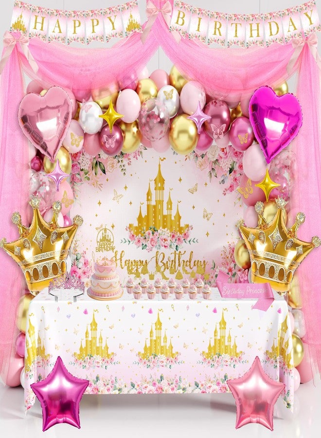 THAWAY Princess Birthday Party Decorations, Pastel Floral Castle Party Supplies with Pink & Gold Balloon Arch Tulle Curtain Backdrop Banner Sash Crown Tablecloth Cake Topper for Girls Princess Party Decor - Image 1