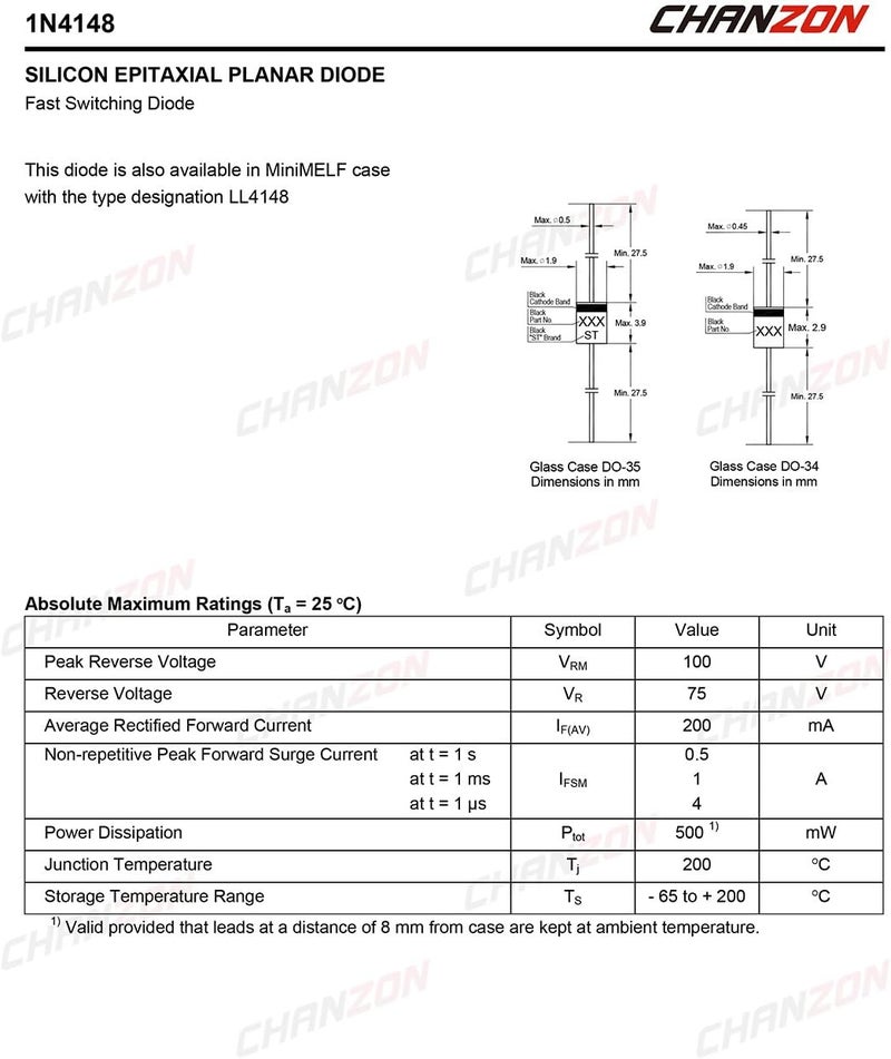 CHANZON 1N4148 Small Signal Fast Switching Diodes High-Speed Axial 200mA 100V DO-35 (DO-204AH) IN4148 Silicon Diodes (Pack of 100 Pieces) - Image 2