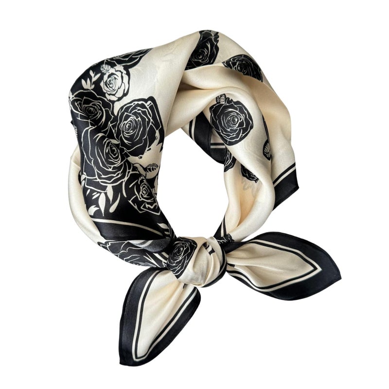 Aufeel 100% Real Mulberry Silk Women Small Square Neck Scarfs 21" Lightweight Headscarf Printed Neckerchief Gift Packed (Black Flower 1) - Image 1