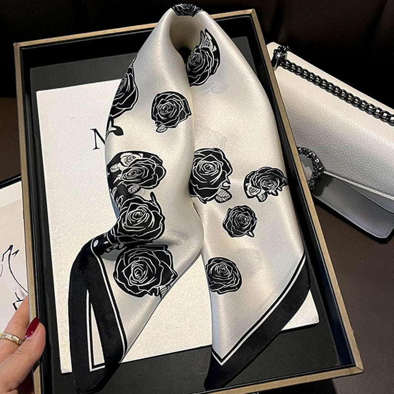 Aufeel 100% Real Mulberry Silk Women Small Square Neck Scarfs 21" Lightweight Headscarf Printed Neckerchief Gift Packed (Black Flower 1) - Image 2