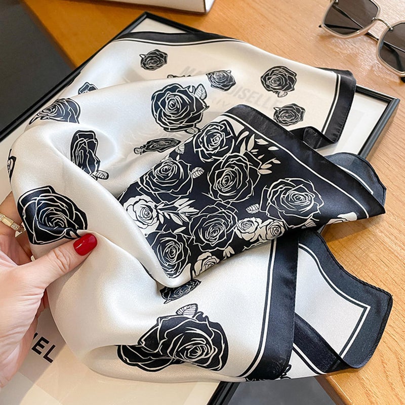 Aufeel 100% Real Mulberry Silk Women Small Square Neck Scarfs 21" Lightweight Headscarf Printed Neckerchief Gift Packed (Black Flower 1) - Image 4