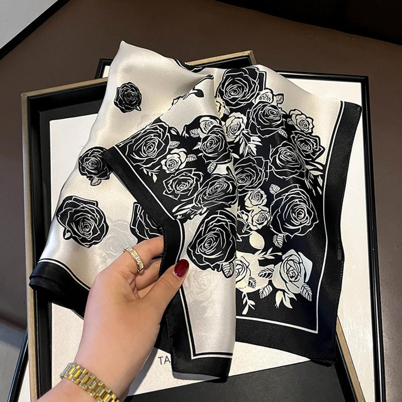 Aufeel 100% Real Mulberry Silk Women Small Square Neck Scarfs 21" Lightweight Headscarf Printed Neckerchief Gift Packed (Black Flower 1) - Image 3