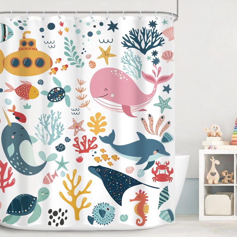 Mitpok Kids Shower Curtain Ocean Summer Cute Cartoon Whale Funny Kid Bathroom Decor for Nursery Boys Girls Underwater Coastal Submarine Fish Animal 60Wx72H Bath Curtain Fabric Polyester 12 Pack Hooks - Image 1