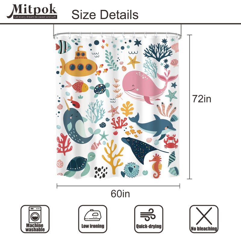 Mitpok Kids Shower Curtain Ocean Summer Cute Cartoon Whale Funny Kid Bathroom Decor for Nursery Boys Girls Underwater Coastal Submarine Fish Animal 60Wx72H Bath Curtain Fabric Polyester 12 Pack Hooks - Image 5