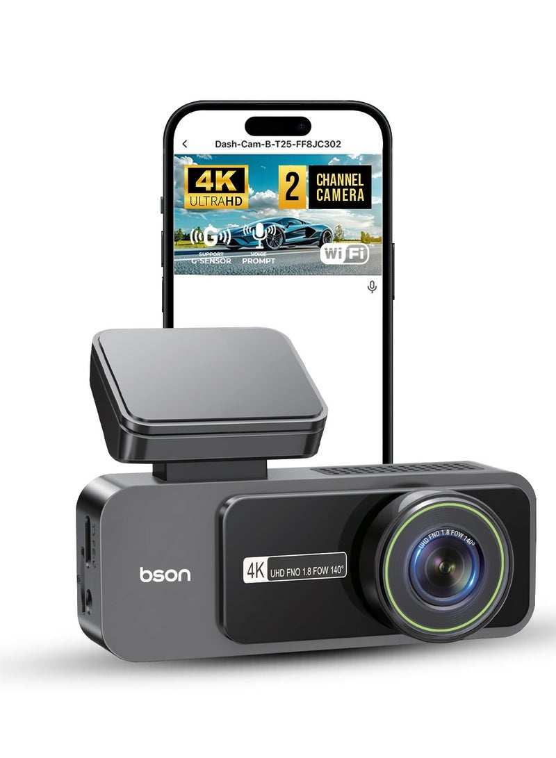BSON 4K Ultra HD Dash Cam - Premium Dual Camera System with Super Clear 4K Front View, Rear View, WiFi, Night Vision, Loop Recording, G-Sensor, Voice Alerts & 150° Wide Angle - Image 1