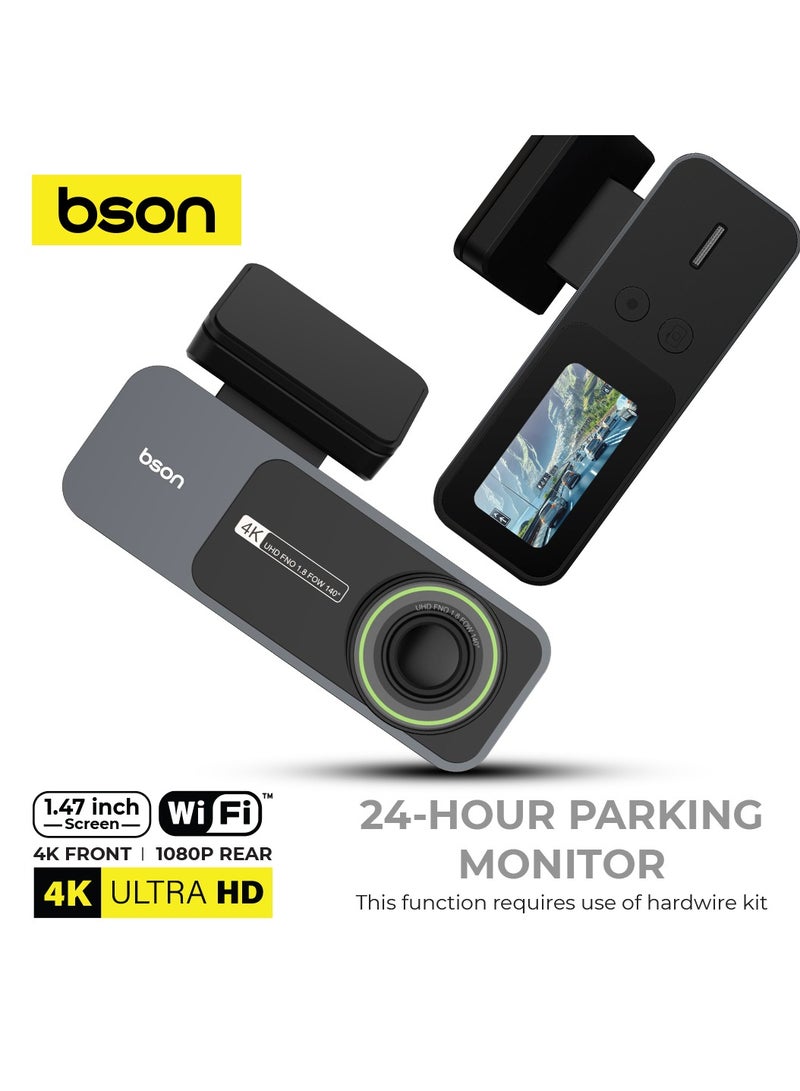 BSON 4K Ultra HD Dash Cam - Premium Dual Camera System with Super Clear 4K Front View, Rear View, WiFi, Night Vision, Loop Recording, G-Sensor, Voice Alerts & 150° Wide Angle - Image 3