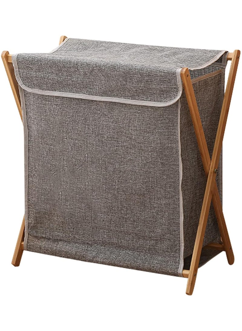 TOMSHOO Bamboo Laundry Hamper Sorter Cart, Portable and Collapsible Folding Clothes Laundry Basket Storage with Removable Liner Bag, X Frame, Bamboo Laundry Organizer Cabinet for Bathroom (Grey with Lids) - Image 1