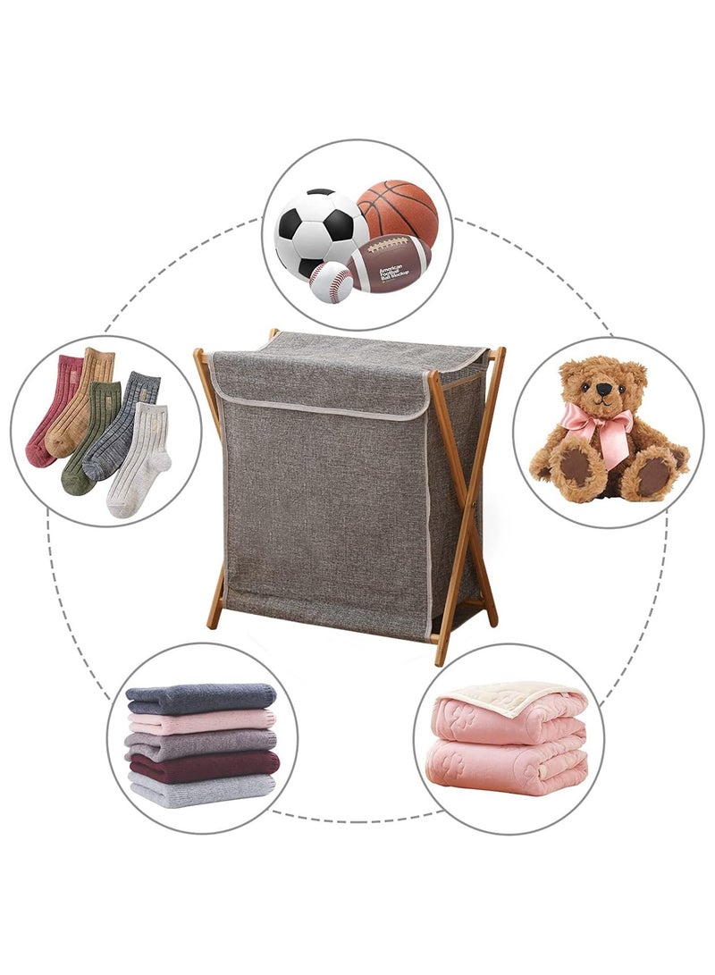 TOMSHOO Bamboo Laundry Hamper Sorter Cart, Portable and Collapsible Folding Clothes Laundry Basket Storage with Removable Liner Bag, X Frame, Bamboo Laundry Organizer Cabinet for Bathroom (Grey with Lids) - Image 3