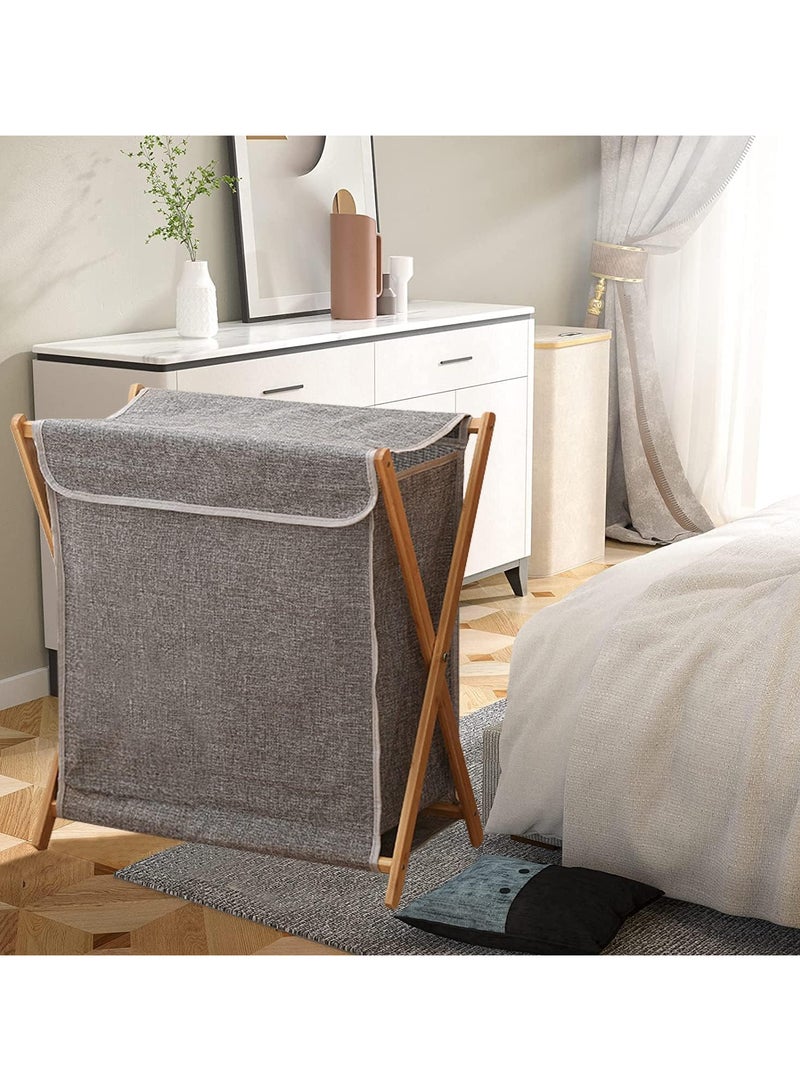 TOMSHOO Bamboo Laundry Hamper Sorter Cart, Portable and Collapsible Folding Clothes Laundry Basket Storage with Removable Liner Bag, X Frame, Bamboo Laundry Organizer Cabinet for Bathroom (Grey with Lids) - Image 5