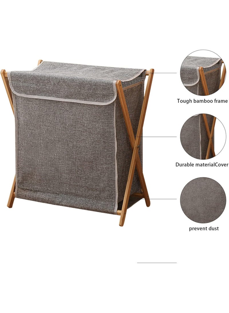 TOMSHOO Bamboo Laundry Hamper Sorter Cart, Portable and Collapsible Folding Clothes Laundry Basket Storage with Removable Liner Bag, X Frame, Bamboo Laundry Organizer Cabinet for Bathroom (Grey with Lids) - Image 2