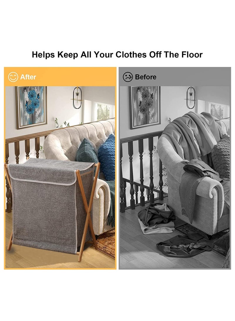 TOMSHOO Bamboo Laundry Hamper Sorter Cart, Portable and Collapsible Folding Clothes Laundry Basket Storage with Removable Liner Bag, X Frame, Bamboo Laundry Organizer Cabinet for Bathroom (Grey with Lids) - Image 4
