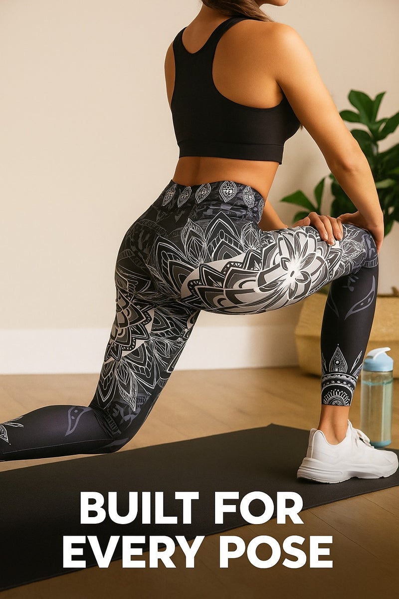 شارلي بنطلون يوجا ضيق عالي الخصر حصري للنساء - تصميم سايكيدلي أسود فاخر - قصة مرنة بدون درزات، طبعة ماندالا، بنطلون رياضي مقاوم للقرفصاء للصالة الرياضية والجري واللياقة البدنية والارتداء اليومي - جوارب رياضية ضيقة قابلة للتهوية وغير شفافة - كمية محدودة - Image 3
