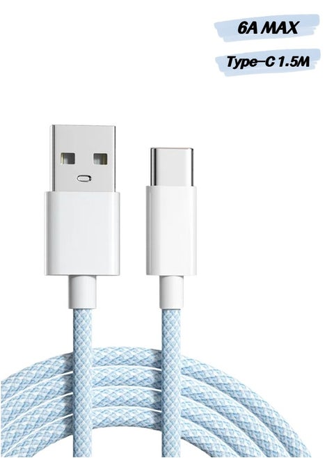 Type C  6A Super Fast Charging Braided Data Cable 1.5M Blue for Huawei P60/P50/P40/Mate30/20/10, Samsung S23/22/21, Xiaomi M13/M12/M11, Oppo, etc.