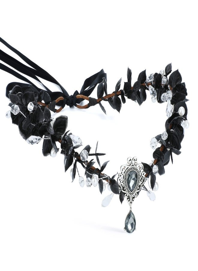 MOSTORY Handmade Black Flower Headband Dark Fairy Headpiece Elf Crown Elven Wreath with Crystal for Girls Women Cosplay Renaissance Bridal Maternity - Image 1
