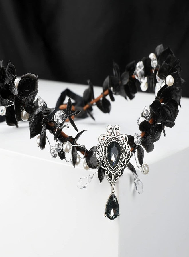 MOSTORY Handmade Black Flower Headband Dark Fairy Headpiece Elf Crown Elven Wreath with Crystal for Girls Women Cosplay Renaissance Bridal Maternity - Image 4