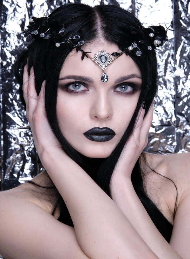 MOSTORY Handmade Black Flower Headband Dark Fairy Headpiece Elf Crown Elven Wreath with Crystal for Girls Women Cosplay Renaissance Bridal Maternity - Image 3