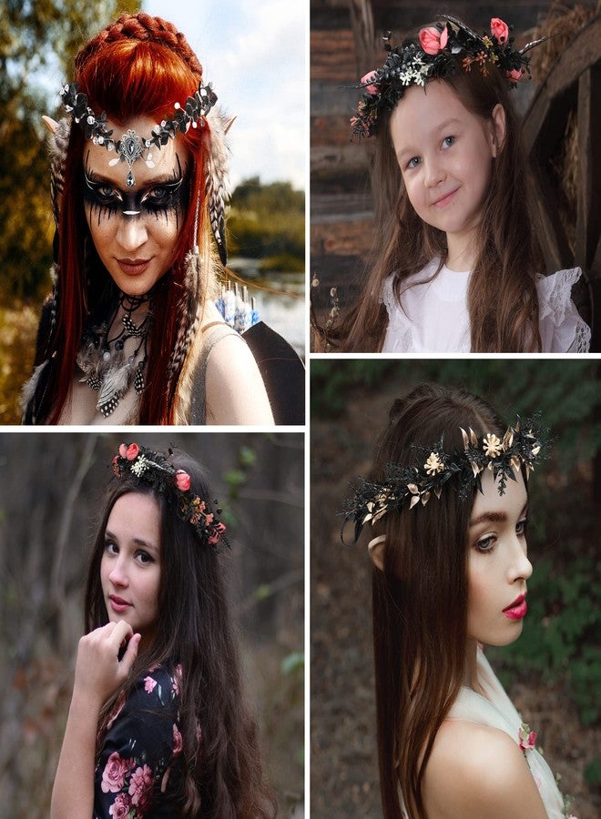 MOSTORY Handmade Black Flower Headband Dark Fairy Headpiece Elf Crown Elven Wreath with Crystal for Girls Women Cosplay Renaissance Bridal Maternity - Image 5