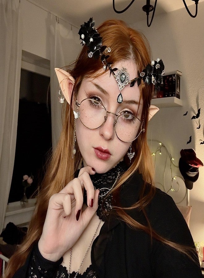 MOSTORY Handmade Black Flower Headband Dark Fairy Headpiece Elf Crown Elven Wreath with Crystal for Girls Women Cosplay Renaissance Bridal Maternity - Image 2