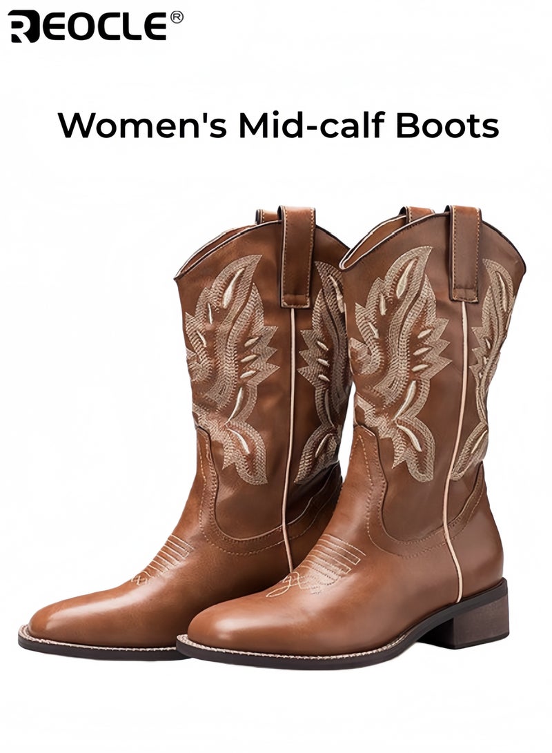REOCLE Women's Mid-Calf Boots with Embroidery Design and Chunky Heel Western Style Riding Boots with Platform Sole for Autumn Winter Fashion - Image 1