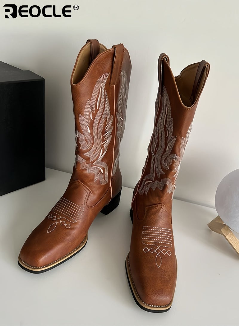REOCLE Women's Mid-Calf Boots with Embroidery Design and Chunky Heel Western Style Riding Boots with Platform Sole for Autumn Winter Fashion - Image 3