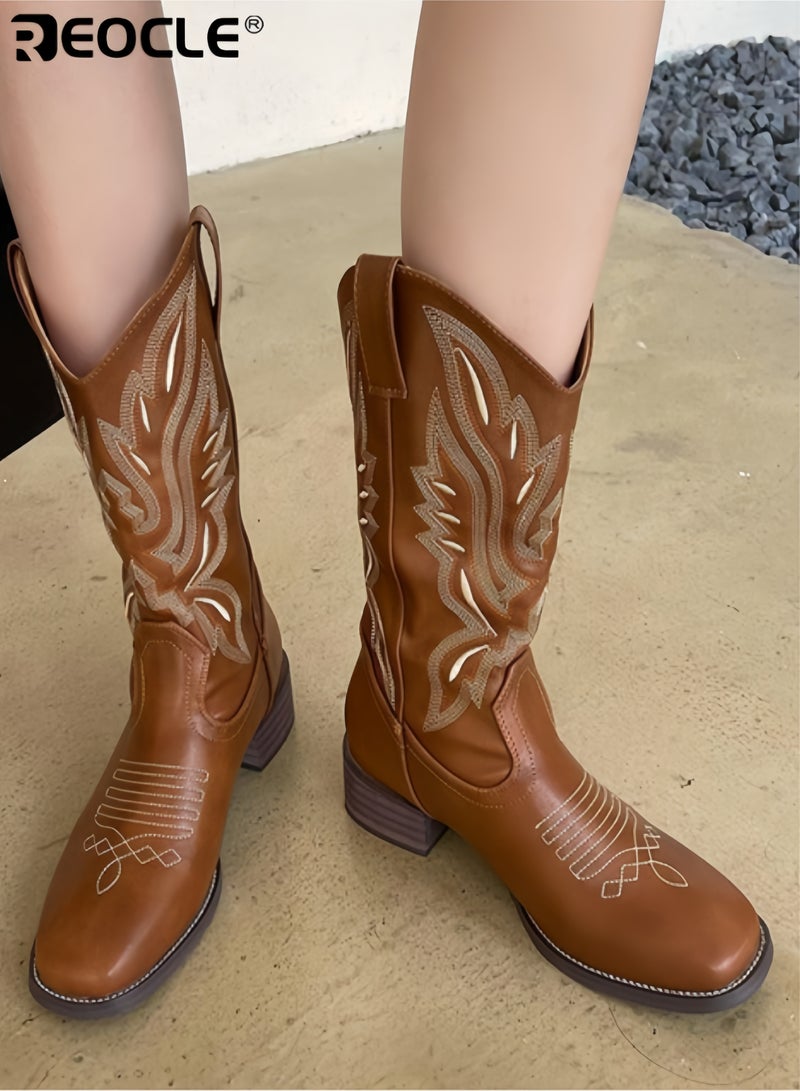 REOCLE Women's Mid-Calf Boots with Embroidery Design and Chunky Heel Western Style Riding Boots with Platform Sole for Autumn Winter Fashion - Image 5