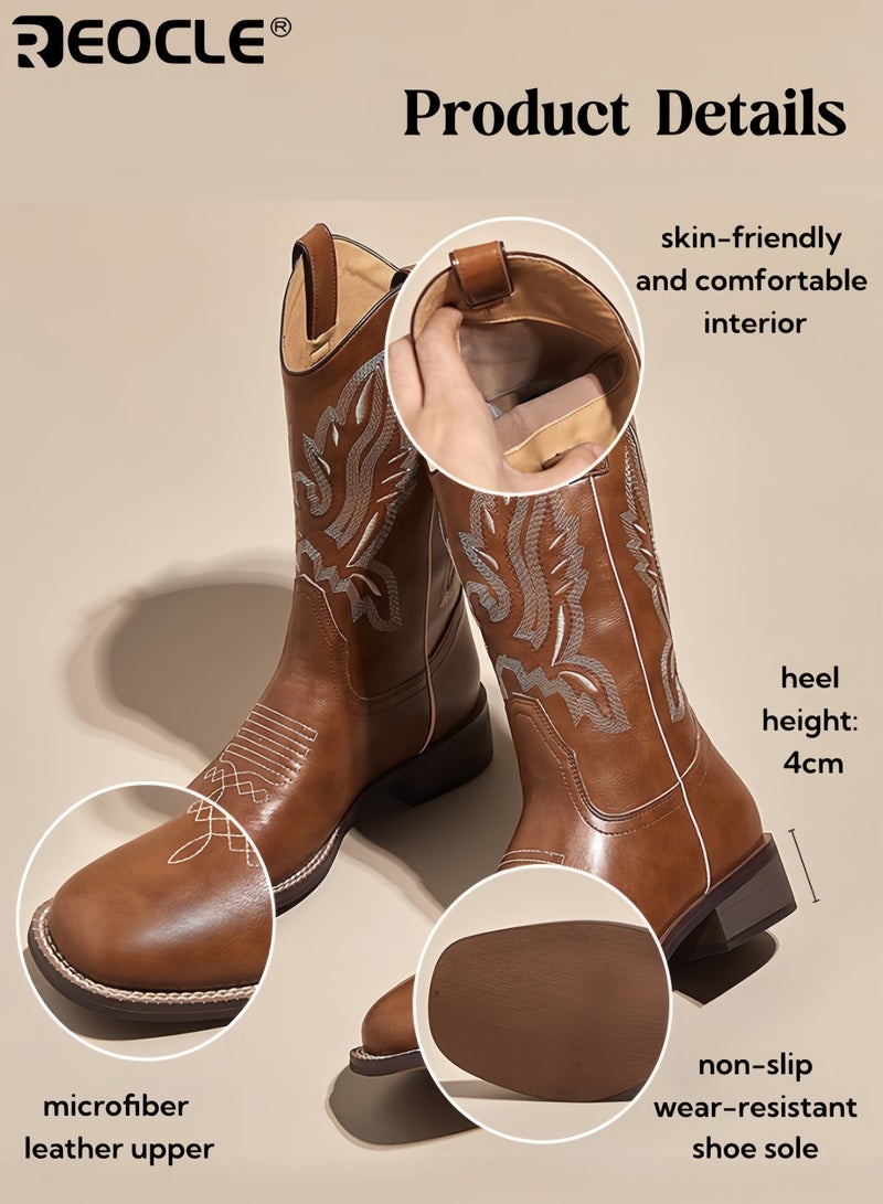 REOCLE Women's Mid-Calf Boots with Embroidery Design and Chunky Heel Western Style Riding Boots with Platform Sole for Autumn Winter Fashion - Image 4