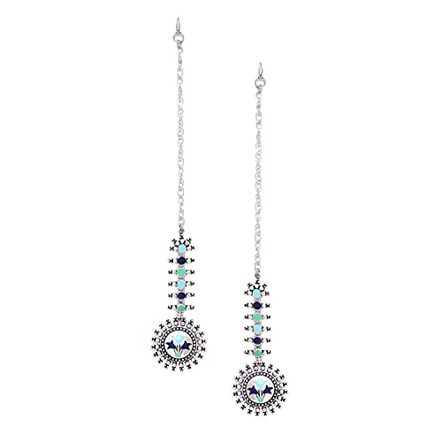Voylla Oxidised Silver Long Chain with Circles and Blue Studs Kanauti Dangler Earrings for Women and Girls - Image 1