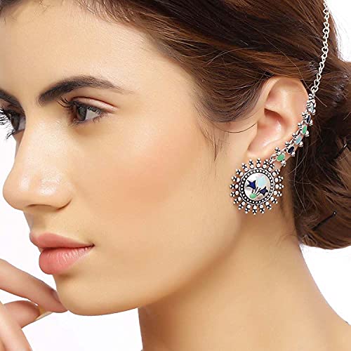 Voylla Oxidised Silver Long Chain with Circles and Blue Studs Kanauti Dangler Earrings for Women and Girls - Image 4