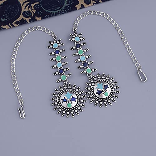 Voylla Oxidised Silver Long Chain with Circles and Blue Studs Kanauti Dangler Earrings for Women and Girls - Image 5