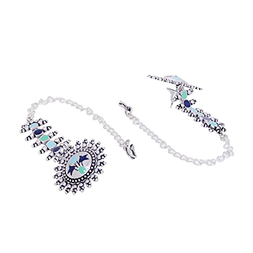 Voylla Oxidised Silver Long Chain with Circles and Blue Studs Kanauti Dangler Earrings for Women and Girls - Image 2