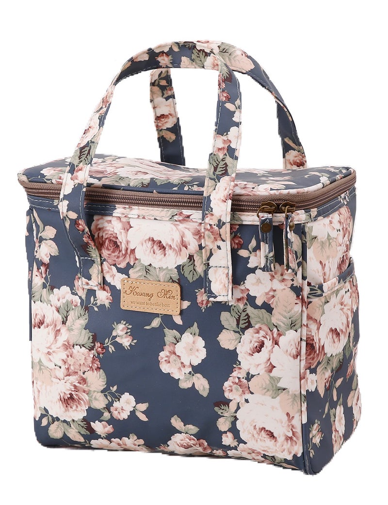 Kwang Min Floral Insulated Lunch Bag for WomenReusable Lunch BoxLarge Cooler for OfficePicnic OutdoorsPremium Waterproof FabricIdeal Floral Lunch Bag Peony Navy