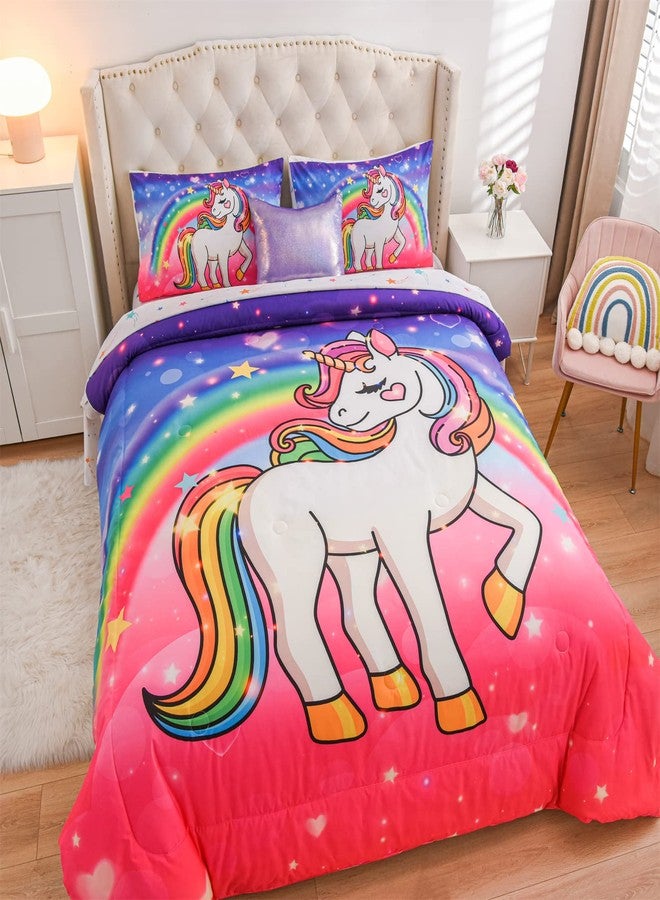 Aimuan Girls Unicorn Comforter Set 6 Pieces Pink Purple Bedding Set with Rainbow Star Galaxy Stars Fantasy Children Room Decor Soft Reversible Bed Sets for Boys/Girls/Teens (Pink-Purple Twin6Pcs) - Image 2