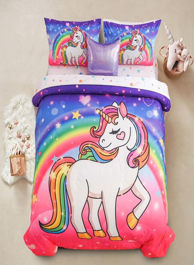 Aimuan Girls Unicorn Comforter Set 6 Pieces Pink Purple Bedding Set with Rainbow Star Galaxy Stars Fantasy Children Room Decor Soft Reversible Bed Sets for Boys/Girls/Teens (Pink-Purple Twin6Pcs) - Image 1