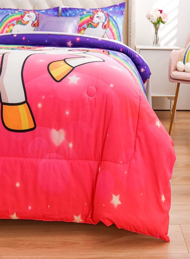 Aimuan Girls Unicorn Comforter Set 6 Pieces Pink Purple Bedding Set with Rainbow Star Galaxy Stars Fantasy Children Room Decor Soft Reversible Bed Sets for Boys/Girls/Teens (Pink-Purple Twin6Pcs) - Image 4