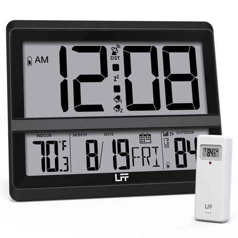 LFF Atomic Clock Large Display Digital Wall Clock with Indoor Outdoor Temperature and Date Wireless Outdoor Sensor Digital Desk Alarm Clock Battery Operated for Bedroom Easy to Read Black