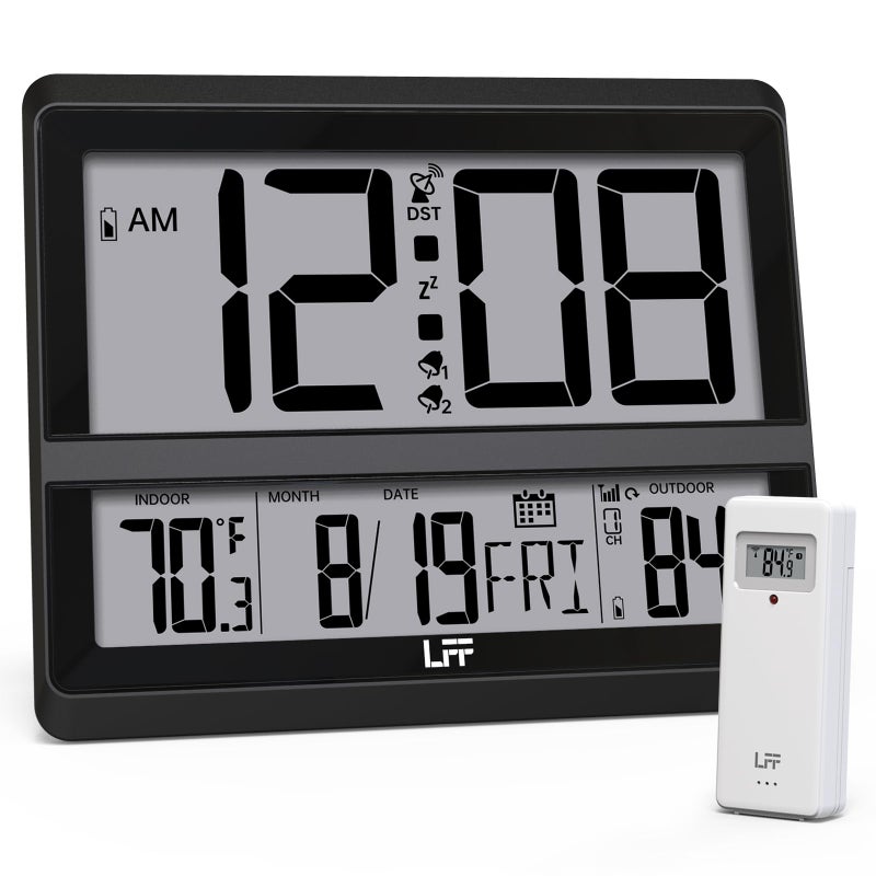 LFF LFF Atomic Clock Large Display Digital Wall Clock with Indoor Outdoor Temperature and Date Wireless Outdoor Sensor Digital Desk Alarm Clock Battery Operated for Bedroom Easy to Read Black 