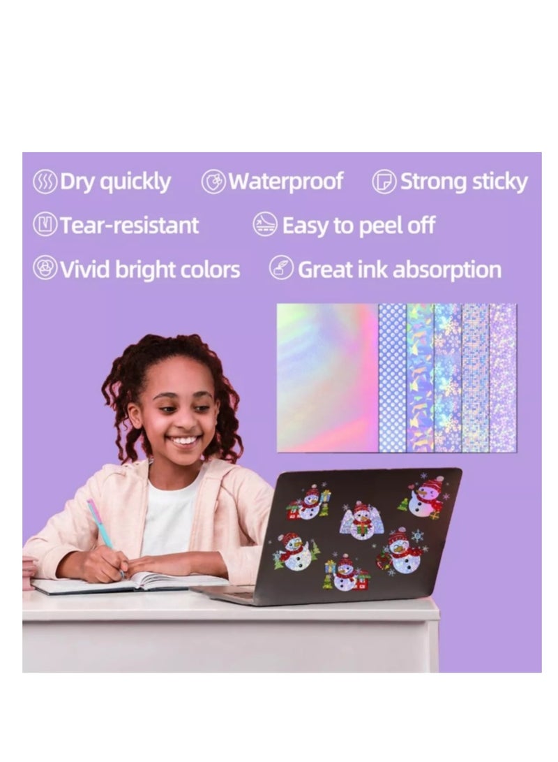 Generic 24 Sheets Holographic Sticker Paper Printable A4 Sticker Self Adhesive Holographic Stickers Paper Waterproof Transparent Film 6 Styles Patterns for Inkjet Laser Printers  - Image 2