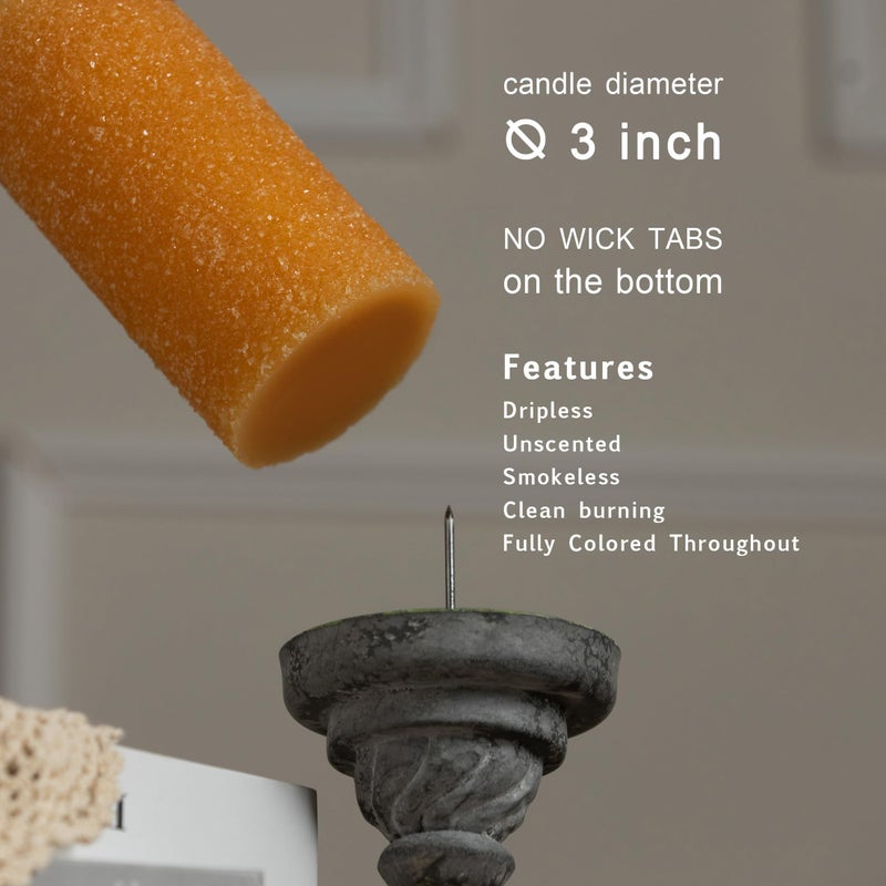 MOZEAL Hand-Poured Granular Texture Decorative Mustard Yellow Pillar Candles Set of 3 (3"x4", 5", 6"), Dripless, Unscented, Smokeless, for Fall Harvest, Thanksgiving & Warm Autumn Table Decor - Image 2