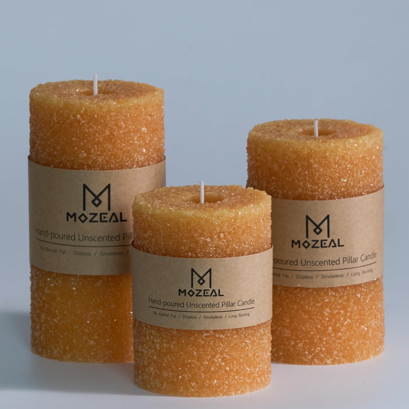 MOZEAL Hand-Poured Granular Texture Decorative Mustard Yellow Pillar Candles Set of 3 (3"x4", 5", 6"), Dripless, Unscented, Smokeless, for Fall Harvest, Thanksgiving & Warm Autumn Table Decor - Image 1
