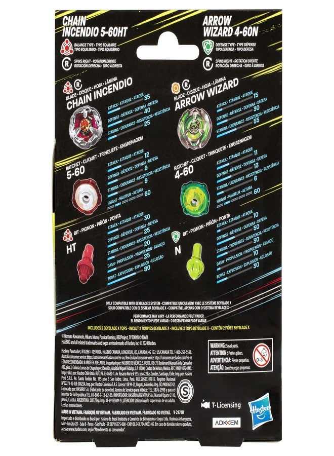 Beyblade X Chain Incendio 5-60HT and Arrow Wizard 4-60N Dual Pack Set with 2 Right-Spinning Tops; Battling Top Toys for 8 Year Old Boys and Girls - Image 4