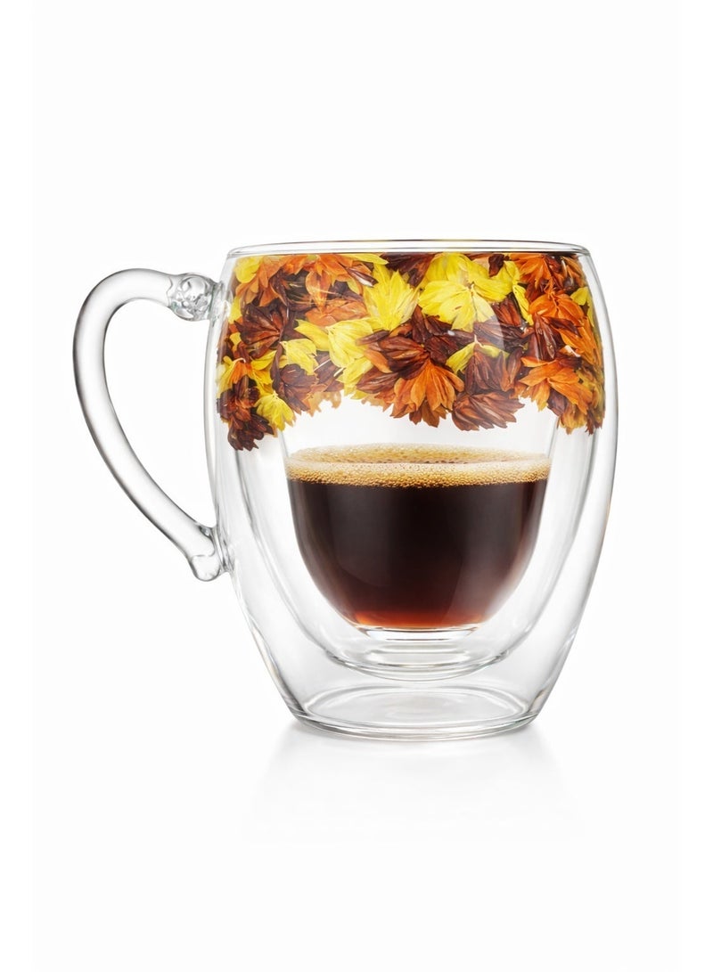 كوب قهوة وشاي زجاجي مزدوج الجدار بمقبض سعة 300 مل - تصميم زهور عشوائية (قاع ضيق) - Image 1