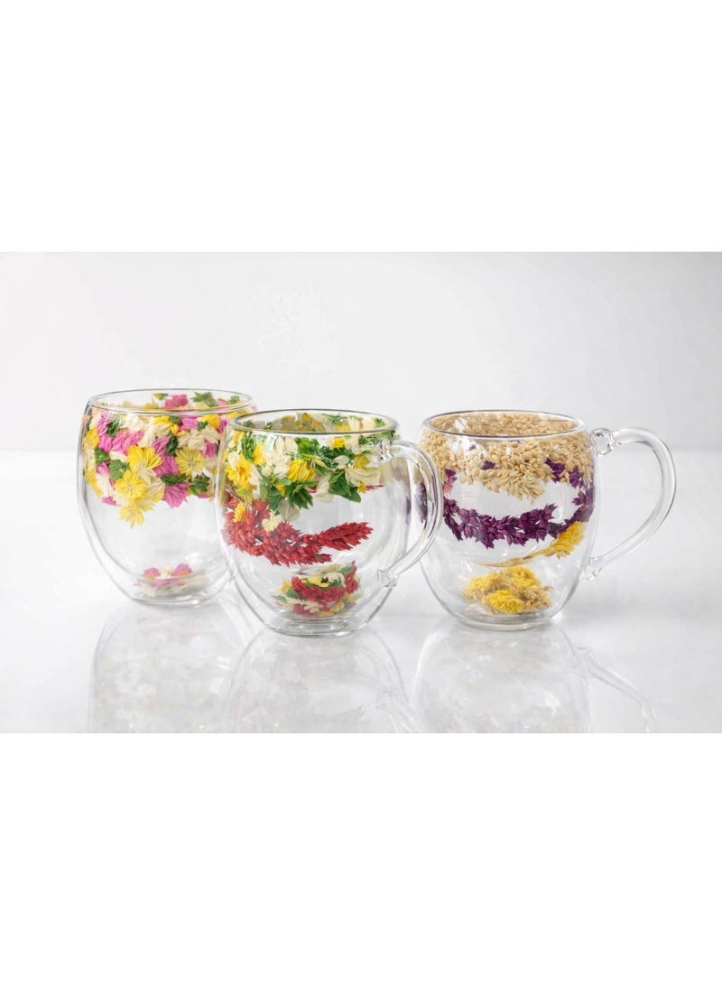 كوب قهوة وشاي زجاجي مزدوج الجدار بمقبض سعة 300 مل - تصميم زهور عشوائية (قاع ضيق) - Image 2