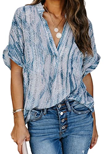 ANCAPELION Women’s Summer Chiffon Blouse Casual Short Sleeve V Neck Shirt Loose Printed Cuffed Sleeve Tunic Tops for Women Line Blue Printed Medium - Image 1