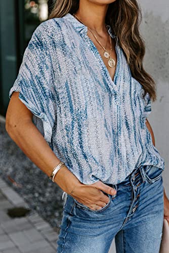 ANCAPELION Women’s Summer Chiffon Blouse Casual Short Sleeve V Neck Shirt Loose Printed Cuffed Sleeve Tunic Tops for Women Line Blue Printed Medium - Image 3