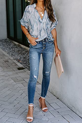 ANCAPELION Women’s Summer Chiffon Blouse Casual Short Sleeve V Neck Shirt Loose Printed Cuffed Sleeve Tunic Tops for Women Line Blue Printed Medium - Image 4
